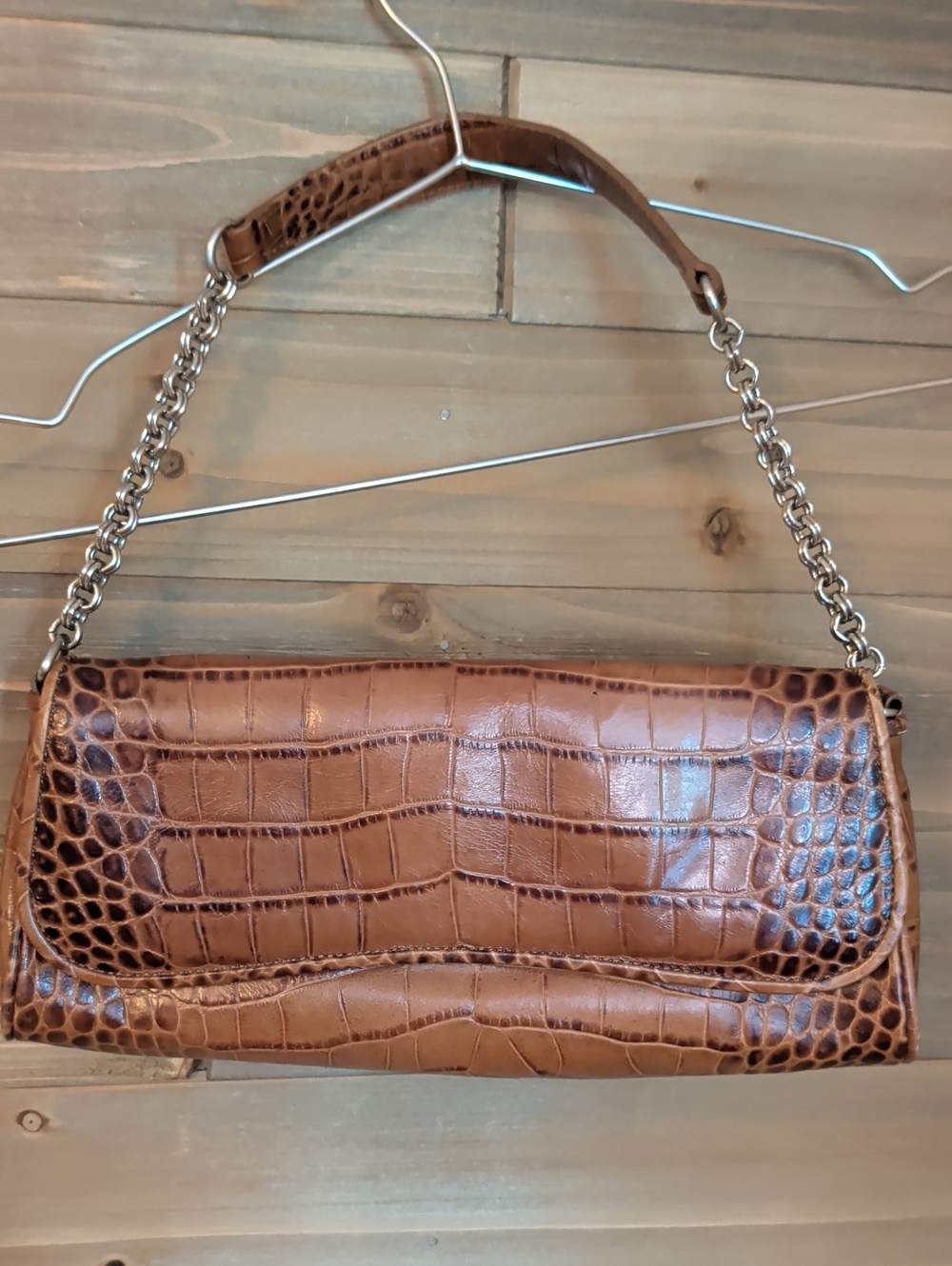 Ann Taylor Brown Croc-Embossed Shoulder Bag with Chain Strap